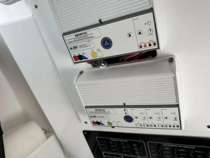  Yacht Photos Pics Control panel on a 2022 Sea Fox 288 Commander boat, featuring various switches and indicators.