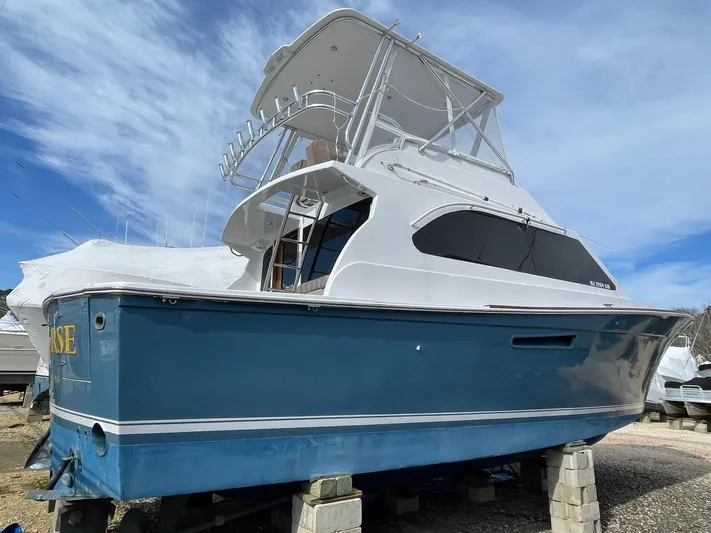 On Course Yacht Photos Pics 1986 Egg Harbor 41 Convertible boat on blocks, blue hull, white superstructure, clear sky background.