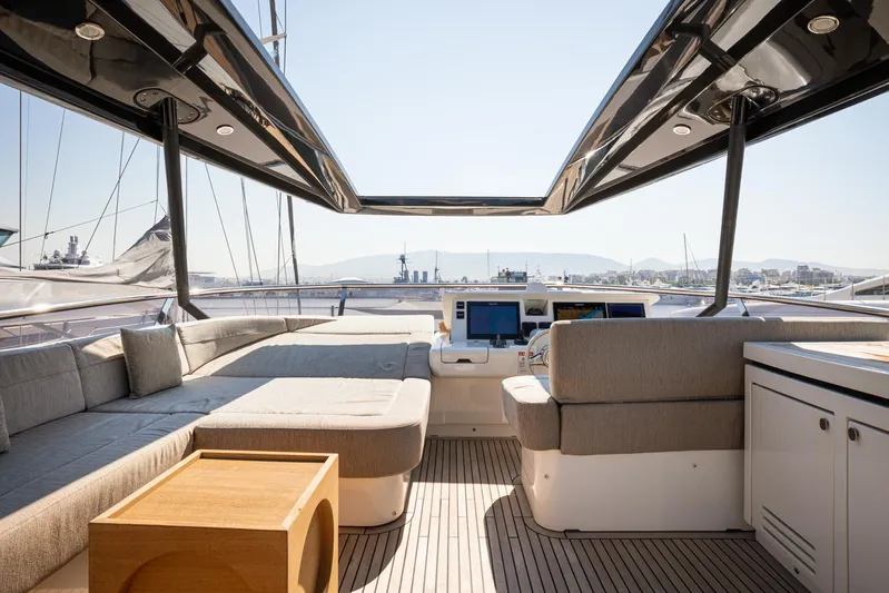 Tyche Yacht Photos Pics Luxurious 2019 Monte Carlo Yachts MCY 76 interior with elegant seating and navigation equipment.