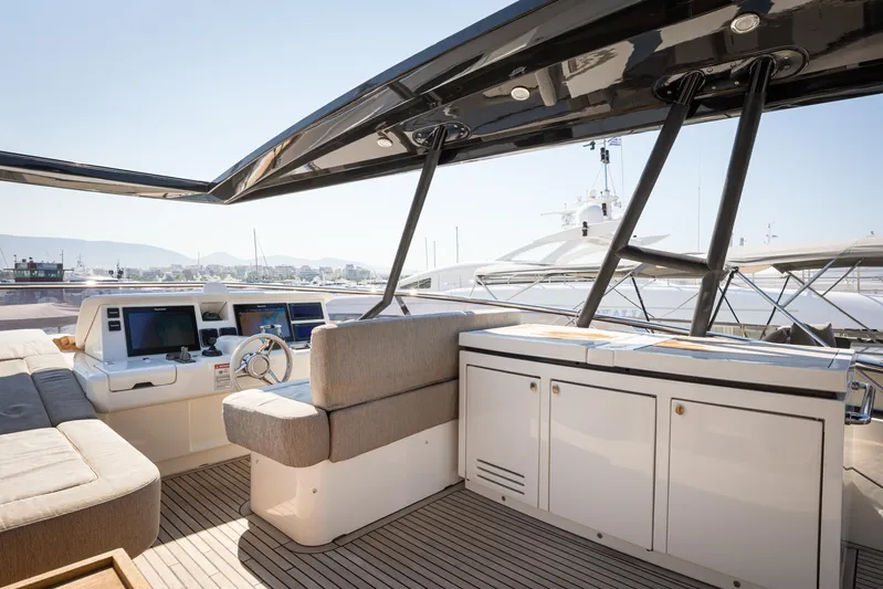Tyche Yacht Photos Pics Luxurious 2019 Monte Carlo Yachts MCY 76 helm with modern navigation systems and elegant seating.