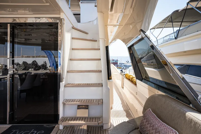Tyche Yacht Photos Pics Luxurious 2019 Monte Carlo Yachts MCY 76 interior with elegant staircase and seating area.
