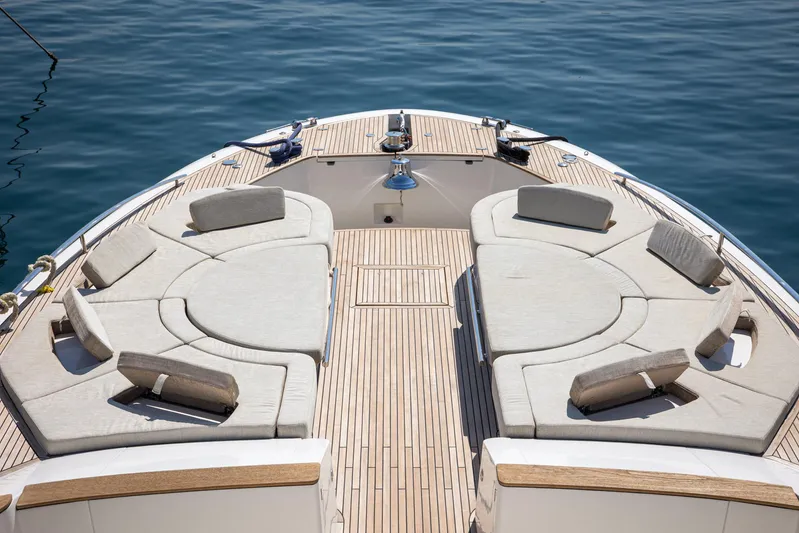Tyche Yacht Photos Pics Luxurious 2019 Monte Carlo Yachts MCY 76 deck with elegant seating and teak flooring.
