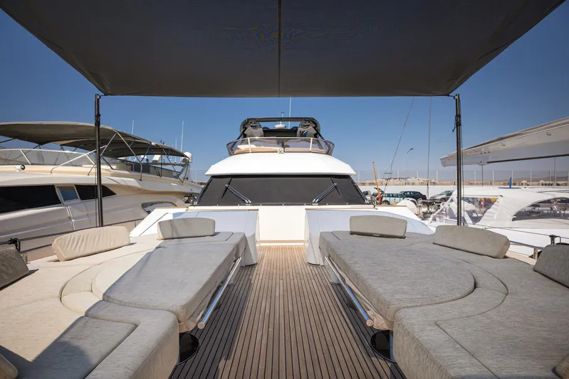 Tyche Yacht Photos Pics Luxurious 2019 Monte Carlo Yachts MCY 76 with spacious sun deck and elegant seating.