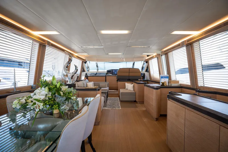 Tyche Yacht Photos Pics Luxurious interior of 2019 Monte Carlo Yachts MCY 76 with elegant dining area and modern decor.