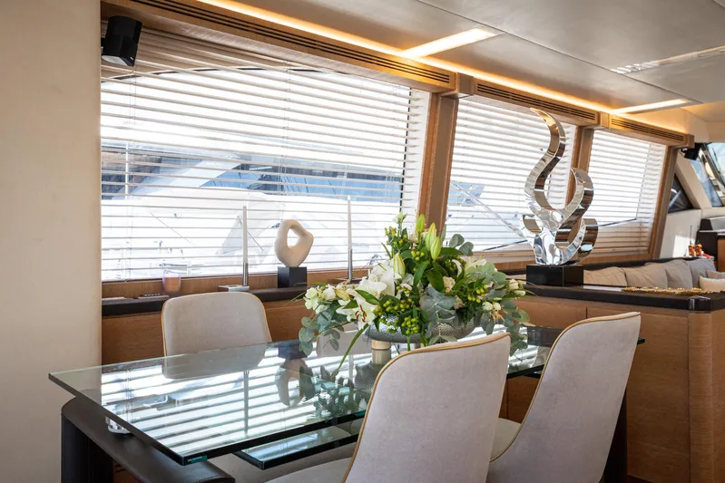 Tyche Yacht Photos Pics Luxurious interior of 2019 Monte Carlo Yachts MCY 76 with elegant dining area and decor.
