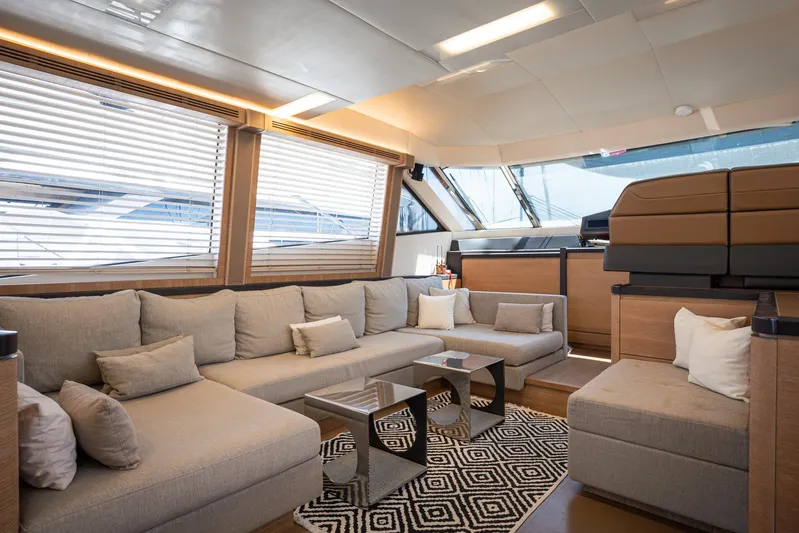 Tyche Yacht Photos Pics Luxurious interior of 2019 Monte Carlo Yachts MCY 76 with modern seating and decor.