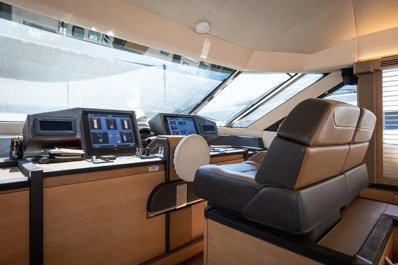 Tyche Yacht Photos Pics Luxurious helm of 2019 Monte Carlo Yachts MCY 76 with advanced navigation systems.