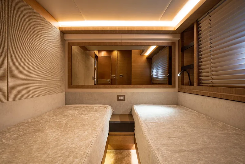 Tyche Yacht Photos Pics Luxurious twin cabin interior of 2019 Monte Carlo Yachts MCY 76 with modern design.