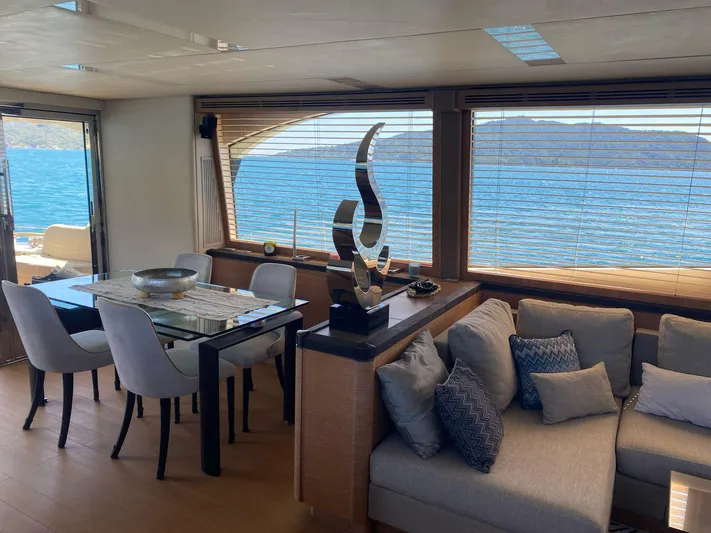 Tyche Yacht Photos Pics Luxurious interior of 2019 Monte Carlo Yachts MCY 76 with elegant decor and scenic ocean view.