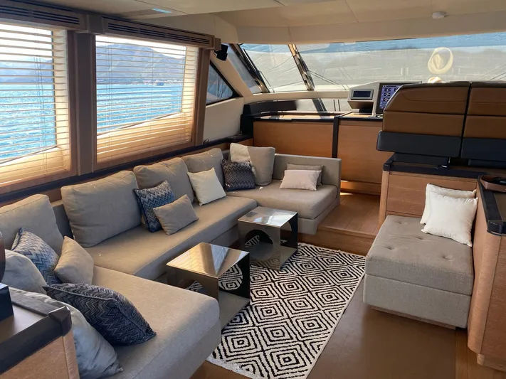 Tyche Yacht Photos Pics Luxurious interior of 2019 Monte Carlo Yachts MCY 76 with elegant seating and decor.