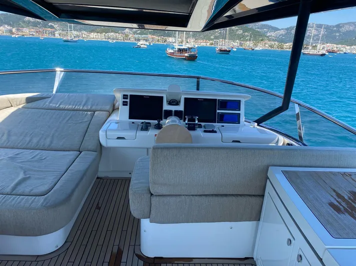 Tyche Yacht Photos Pics Luxurious 2019 Monte Carlo Yachts MCY 76 helm with scenic ocean view.