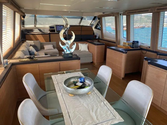 Tyche Yacht Photos Pics Luxurious interior of 2019 Monte Carlo Yachts MCY 76 with elegant dining and seating area.