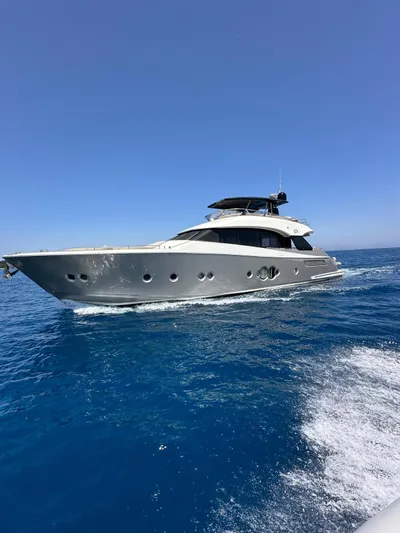Tyche Yacht Photos Pics Luxurious 2019 Monte Carlo Yachts MCY 76 cruising on clear blue waters.