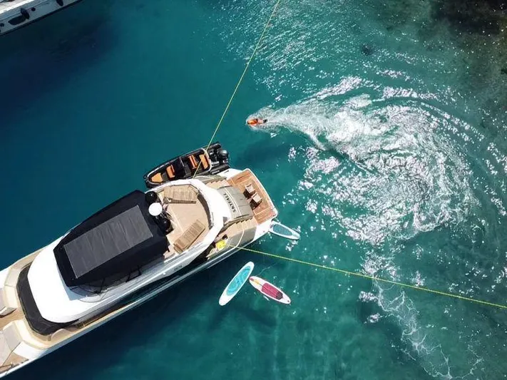 Tyche Yacht Photos Pics Aerial view of 2019 Monte Carlo Yachts MCY 76 anchored in clear blue water.