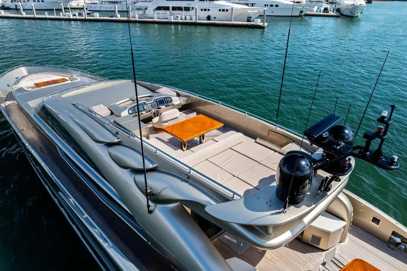 Diamond Yacht Photos Pics Luxurious 2013 AB 116 Motoryacht docked, showcasing sleek design and spacious deck.