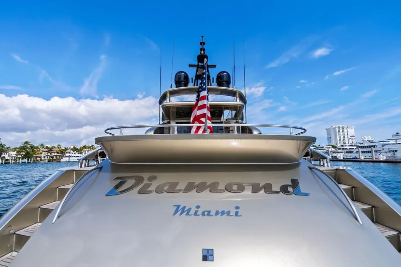 Diamond Yacht Photos Pics Luxury AB 116 Motoryacht 2013, named "Diamond," docked in Miami with American flag.