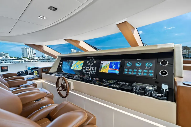 Diamond Yacht Photos Pics Luxurious helm of 2013 AB 116 Motoryacht with advanced navigation systems and leather seating.