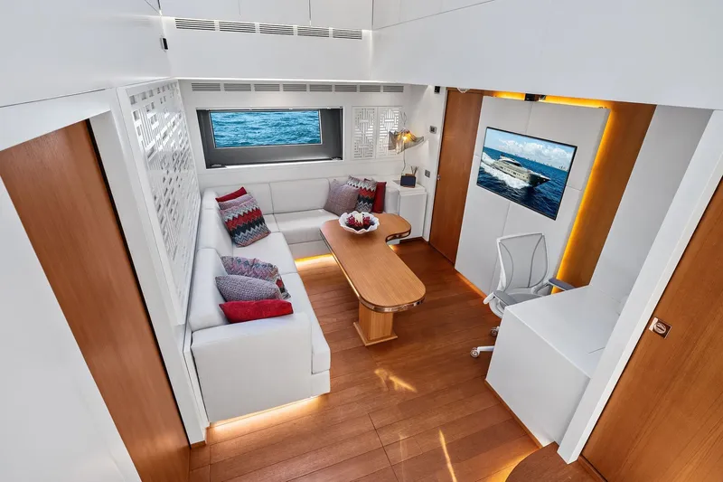 Diamond Yacht Photos Pics Luxurious interior of 2013 AB 116 Motoryacht with modern seating and ocean view.