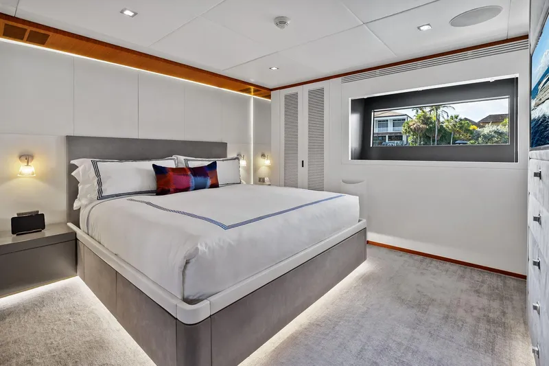 Diamond Yacht Photos Pics Luxurious bedroom interior on 2013 AB 116 Motoryacht, featuring modern design and large window.