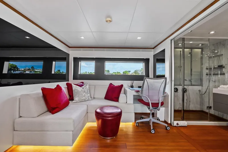 Diamond Yacht Photos Pics Luxurious interior of 2013 AB 116 Motoryacht with modern seating and elegant decor.