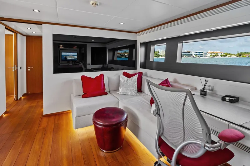 Diamond Yacht Photos Pics Luxurious interior of 2013 AB 116 Motoryacht with modern decor and waterfront view.