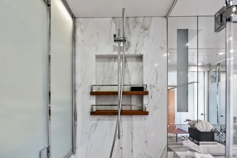 Diamond Yacht Photos Pics Luxurious marble shower in 2013 AB 116 Motoryacht bathroom with modern fixtures.
