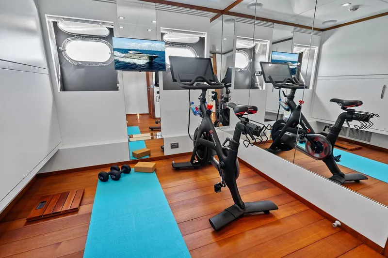 Diamond Yacht Photos Pics Luxury yacht gym with exercise bike, yoga mats, and weights, featuring mirrored walls and ocean view.