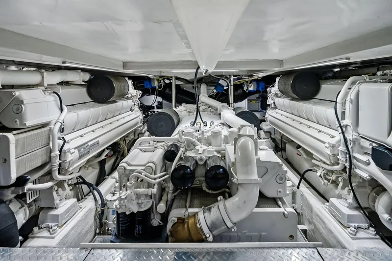 Diamond Yacht Photos Pics Engine room of 2013 AB 116 Motoryacht, showcasing dual engines and mechanical components.