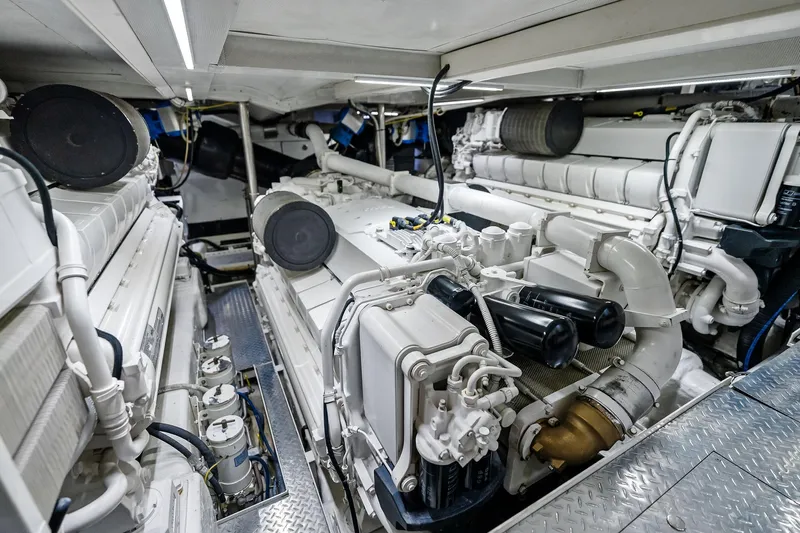 Diamond Yacht Photos Pics Engine room of 2013 AB 116 Motoryacht, showcasing complex machinery and components.