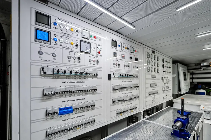 Diamond Yacht Photos Pics Electrical control room of 2013 AB 116 Motoryacht, featuring advanced panels and equipment.