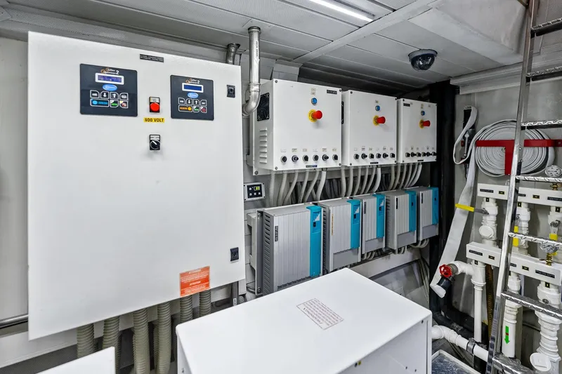 Diamond Yacht Photos Pics Electrical control room of 2013 AB 116 Motoryacht, featuring panels and wiring systems.