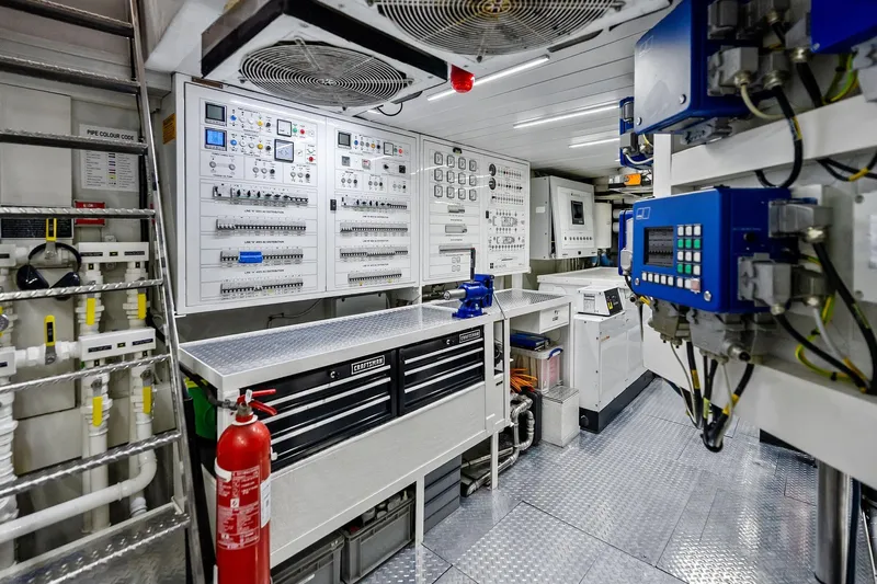 Diamond Yacht Photos Pics Engine room of 2013 AB 116 Motoryacht with control panels and equipment.