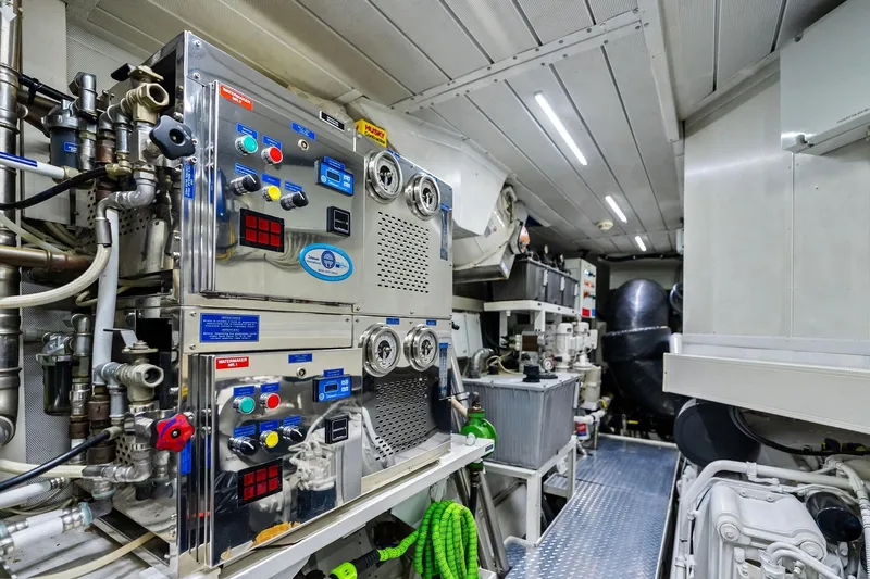 Diamond Yacht Photos Pics Engine room of 2013 AB 116 Motoryacht with advanced machinery and control panels.