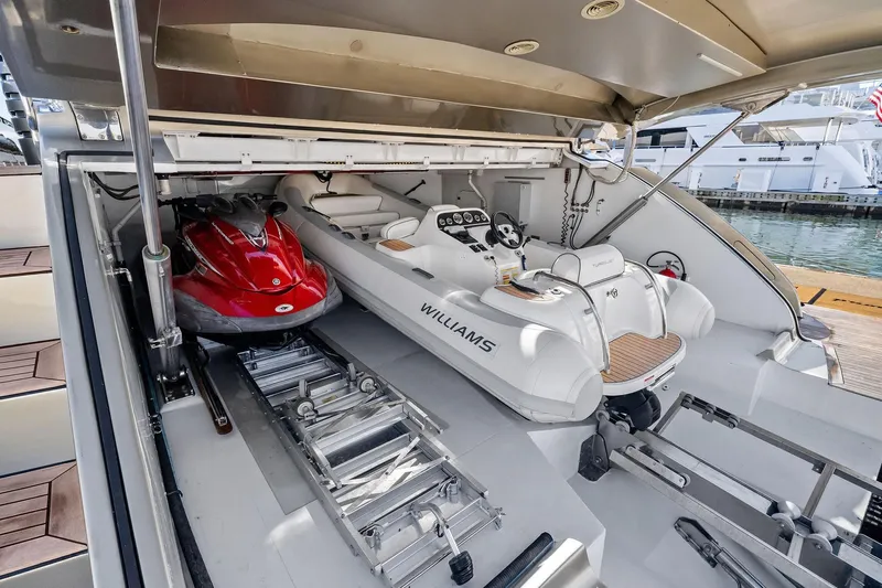 Diamond Yacht Photos Pics Storage area of 2013 AB 116 Motoryacht with jet ski and Williams tender.