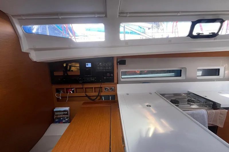 Cicerenella Yacht Photos Pics Interior of 2019 Jeanneau Sun Odyssey 440 yacht with modern kitchen and navigation panel.