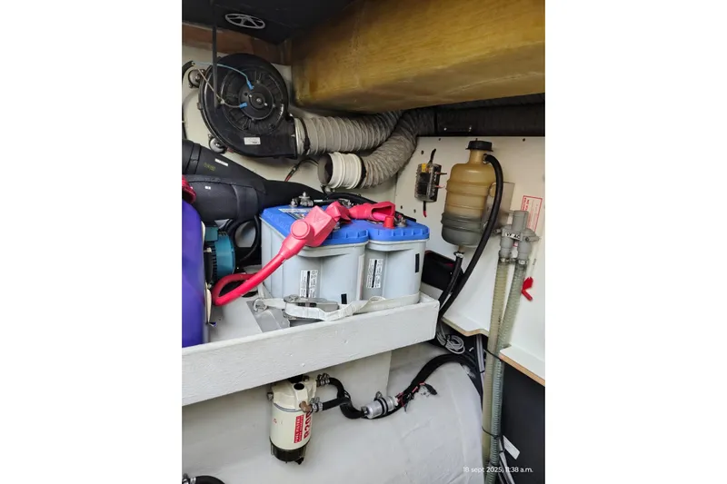 Libert'e Yacht Photos Pics Engine compartment of 2020 Fountaine Pajot MY6 with batteries and mechanical components.