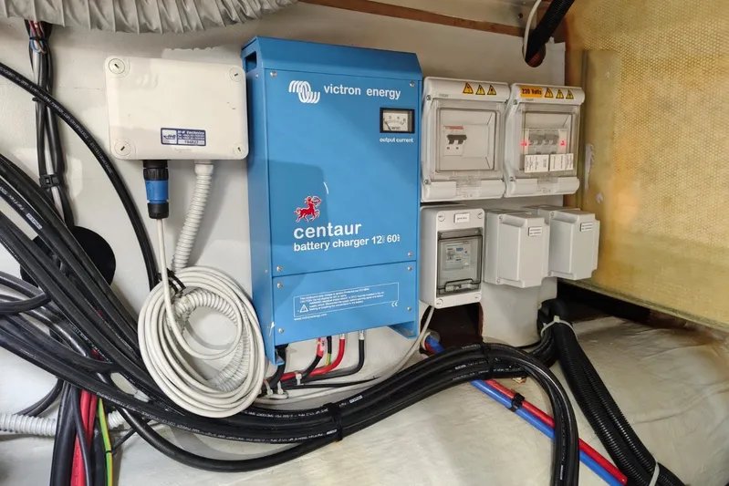 Libert'e Yacht Photos Pics Electrical system of 2020 Fountaine Pajot MY6 with Victron Energy battery charger.