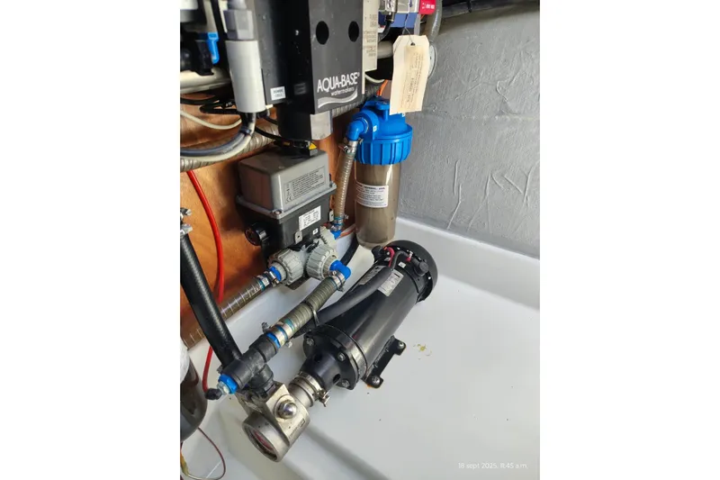 Libert'e Yacht Photos Pics Engine room of 2020 Fountaine Pajot MY6 with watermaker system components.