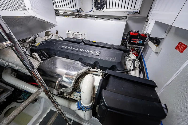 Marika Yacht Photos Pics Engine room of a 2011 Hunt Yachts 52, featuring a Volvo Penta engine.
