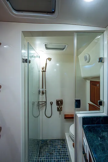Marika Yacht Photos Pics 2011 Hunt Yachts 52 model bathroom with glass shower and modern fixtures.