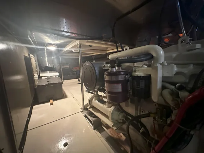 Brut Yacht Photos Pics Engine room of 1999 Krogen Trawler, showcasing mechanical components and equipment.