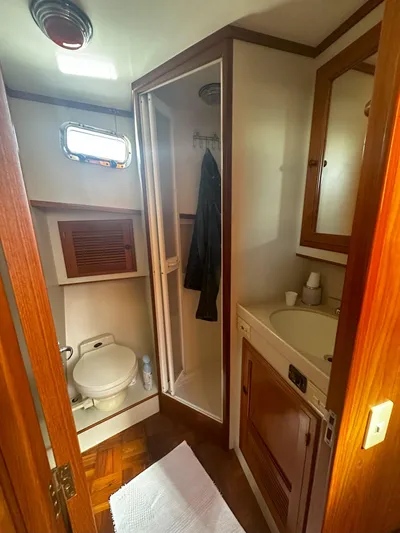 Brut Yacht Photos Pics 1999 Krogen Trawler bathroom with shower, toilet, and sink, featuring wooden cabinetry and nautical decor.