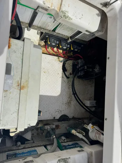  Yacht Photos Pics Electrical compartment of a 2016 Everglades 355 Tournament boat, showing wiring and components.