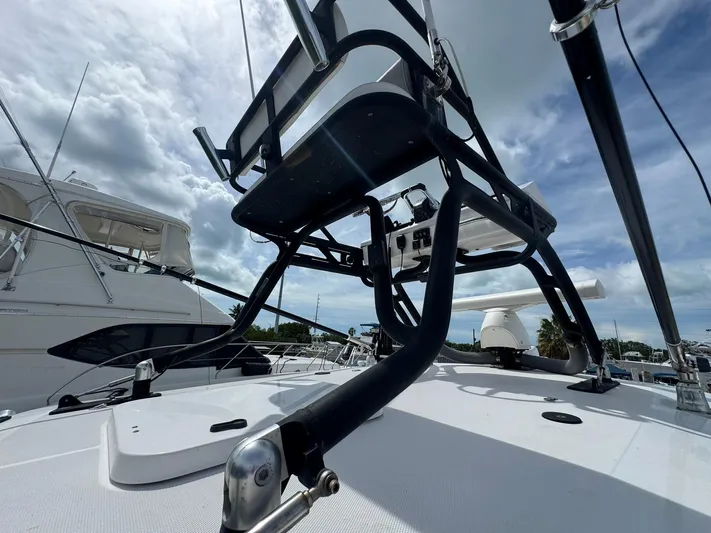 Yacht Photos Pics 2016 Everglades 355 Tournament boat with radar and tower, under cloudy sky.