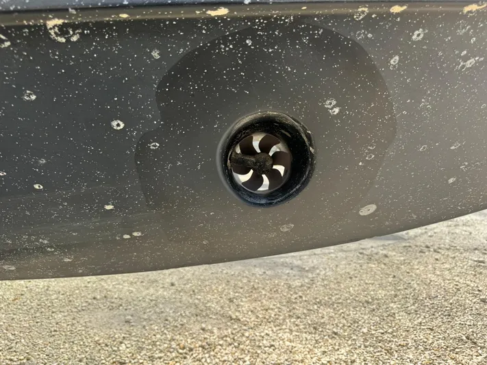  Yacht Photos Pics Close-up of a 2016 Everglades 355 Tournament boat's hull with a thruster.