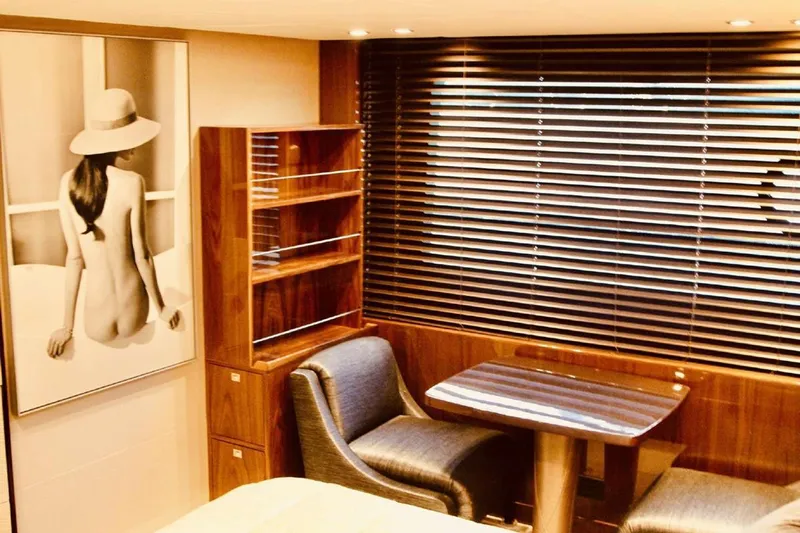  Yacht Photos Pics Luxurious interior of 2014 Princess 82 yacht with elegant seating and artwork.