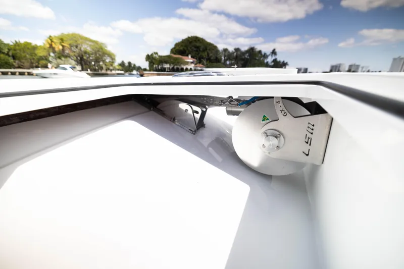  Yacht Photos Pics Freeman 47 LX 2026 boat anchor compartment with clear sky background.