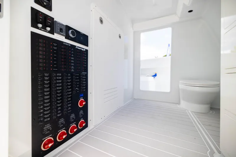  Yacht Photos Pics Freeman 47 LX 2026 boat interior with control panel and toilet.