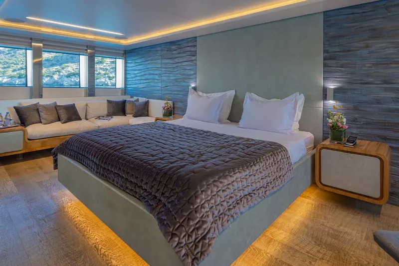 Mondomarine 138' Yacht Photos Pics Luxurious Mondomarine 138 yacht bedroom, 2008 model, featuring elegant decor and modern amenities.