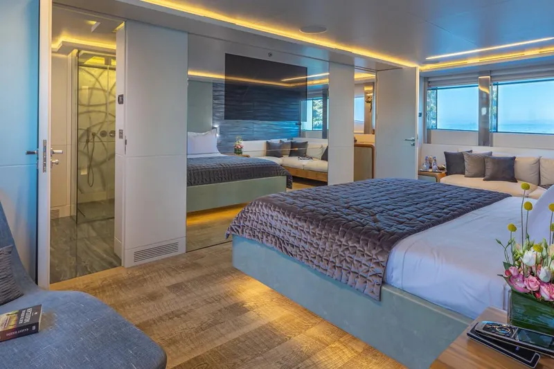 Mondomarine 138' Yacht Photos Pics Luxurious Mondomarine 138 yacht bedroom, 2008 model, featuring elegant decor and modern amenities.